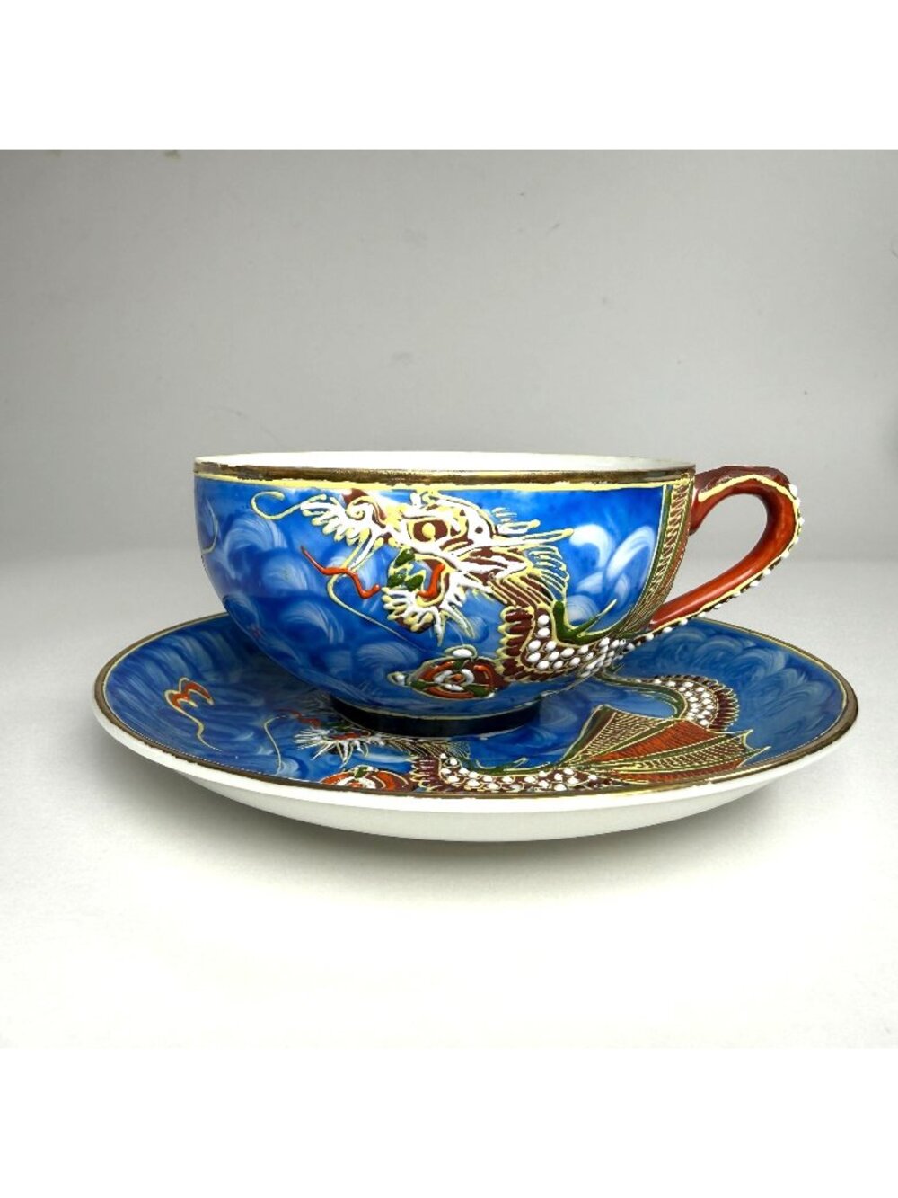 Vintage Kutani Japanese Dragon Ware Moriage Porcelain Tea Cup Geisha Lithophane